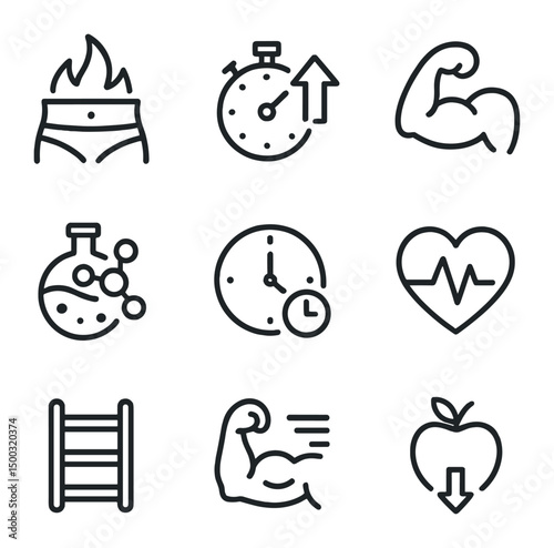 Tabata Exercise Benefits Icons. Outline icon set of Tabata benefits: fat burn, endurance boost, strength gain, metabolism increase