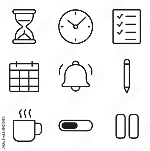 Time Management Icons. Outline icon set of time management on a fine line: hourglass, clock face, to-do list, calendar grid, alarm
