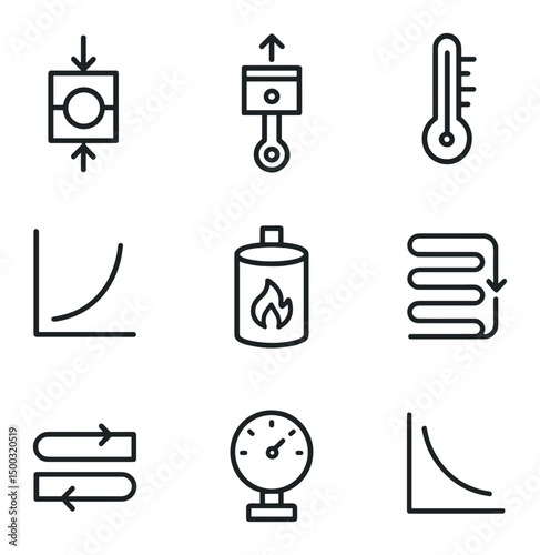 Thermodynamics Icon Set. Outline icon set of invoice status indicators: draft stamp, sent envelope, paid checkmark, overdue clock,