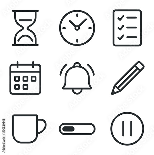 Time Management Icons. Outline icon set of time management on a fine line: hourglass, clock face, to-do list, calendar grid, alarm