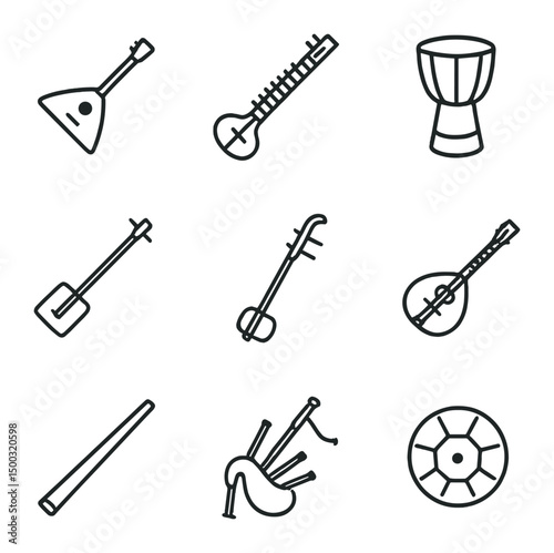 Traditional Instruments Icons. Outline icon set of folk and traditional instruments: balalaika, sitar, djembe, shamisen, erhu,