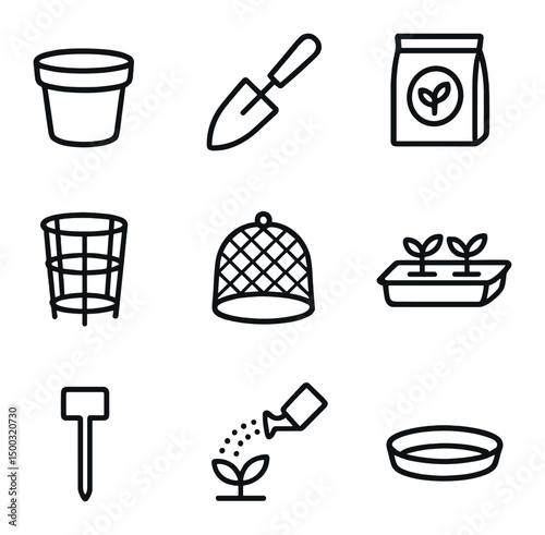 Transplanting Cuttings Icons. Outline icon set of transplanting cuttings: nursery pot, transplant trowel, potting soil bag,
