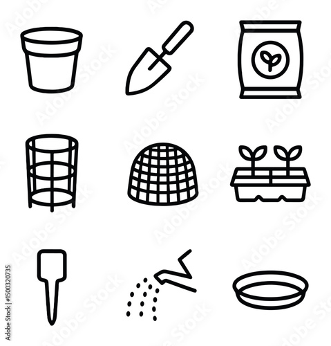 Transplanting Cuttings Icons. Outline icon set of transplanting cuttings: nursery pot, transplant trowel, potting soil bag,