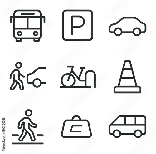 Transportation Icons Grid. Outline icon set of program and schedule: program booklet, schedule chart, clock icon, calendar, agenda