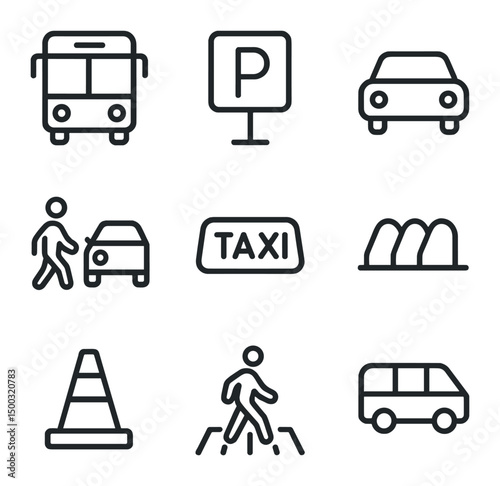 Transportation Icons Grid. Outline icon set of transportation and parking: bus icon, parking lot, car silhouette, drop-off zone,