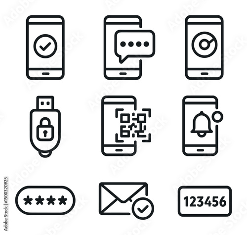 Two-Factor Authentication Icons. Outline icon set of two-factor authentication: mobile token, SMS code, authenticator app,