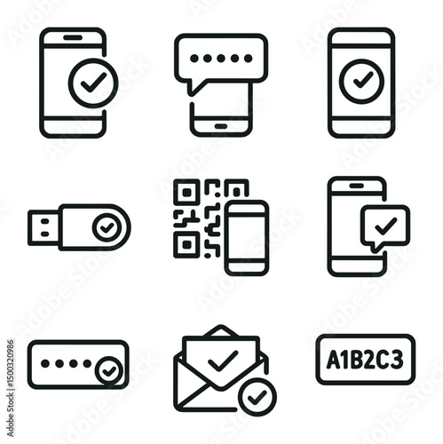 Two-Factor Authentication Icons. Outline icon set of two-factor authentication: mobile token, SMS code, authenticator app,