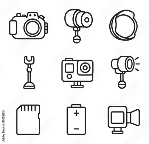 Underwater Photography Icons. Outline icon set of underwater photography gear: waterproof housing, strobe light, wide-angle lens,