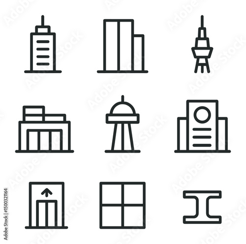 Urban Skyline Icons. Outline icon set of urban skyline backdrop: office tower, glass facade, antenna, rooftop terrace, observation