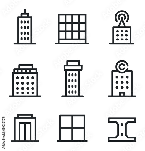 Urban Skyline Icons. Outline icon set of urban skyline backdrop: office tower, glass facade, antenna, rooftop terrace, observation