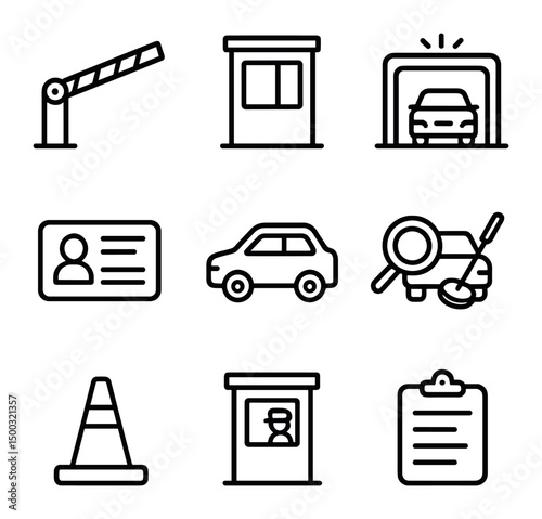 Vehicle Checkpoint Icons. Outline icon set of metal detector walkthrough: detector arch, handheld wand, alarm beacon, belt clip