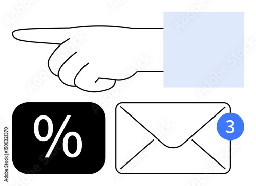 Hand pointing forward, percentage symbol in black square, envelope with blue notification badge. Ideal for communication, marketing, email alerts, reminders, promotions, interaction productivity