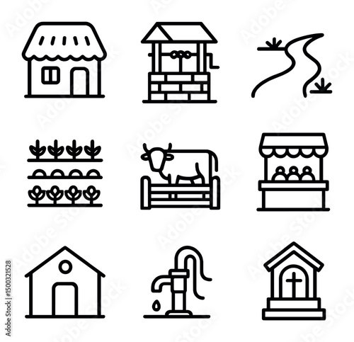 Village Life Icons. Outline icon set of lowland village life: thatched cottage, stone well, footpath, vegetable garden, livestock