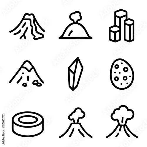 Volcanic Icon Set. Outline icon set of volcanic rock formations: lava flow, volcanic dome, basalt column, cinder cone, obsidian