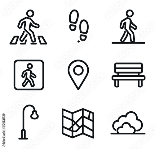 Walking Zone Icons. Outline icon set of walking and pedestrian zones: pedestrian crossing, footstep path, sidewalk, crossing