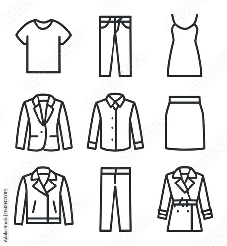 Wardrobe Essentials Icons. Outline icon set of in-store shopping: shopping bag, clothing rack, fitting room, full-length mirror,