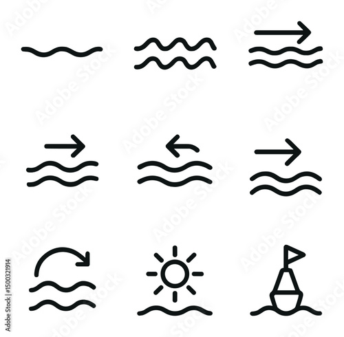 Water Condition Icons. Outline icon set of water conditions: calm water, choppy waves, current flow, tailwind, headwind, crosswind