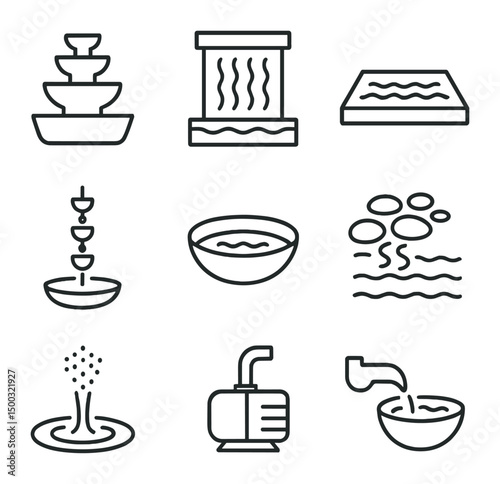 Water Element Icons. Outline icon set of water elements: tabletop fountain, wall-mounted waterfall, reflecting pool, rain chain,