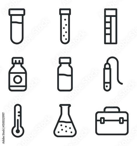 Water Testing Icons. Outline icon set of colorful chemical solutions: red indicator, blue dye, green reagent, yellow solvent,