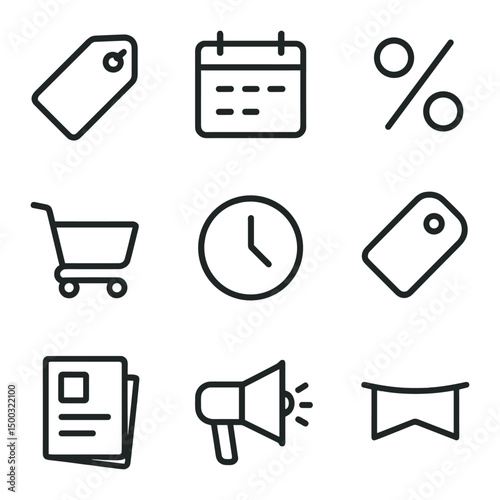 Weekly Deals Icon Set. Outline icon set of weekly promotion deals: sale tag, calendar, percent sign, shopping cart, clock, price