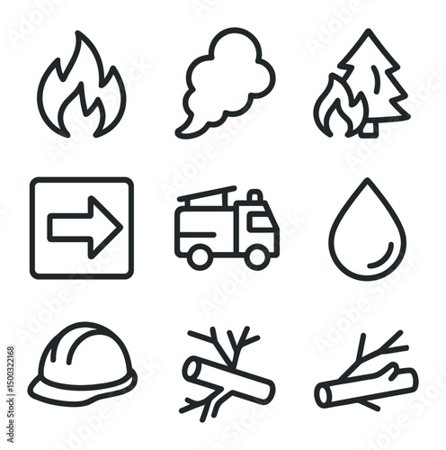 Wildfire Hazard Icons. Outline icon set of folk and traditional instruments: balalaika, sitar, djembe, shamisen, erhu, bouzouki,