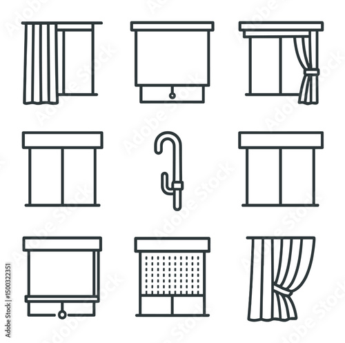 Window Treatment Icons. Outline icon set of luxury penthouse amenities: infinity pool, jacuzzi tub, home theater, wine cellar,