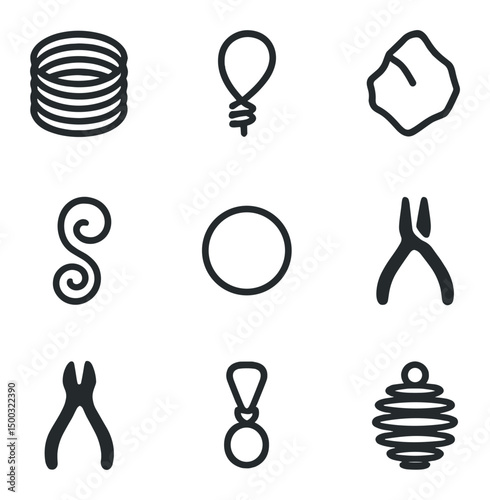 Wire Jewelry Icons. Outline icon set of curved concrete façades: wave wall, pixelated curve, ribbon façade, textured shell,