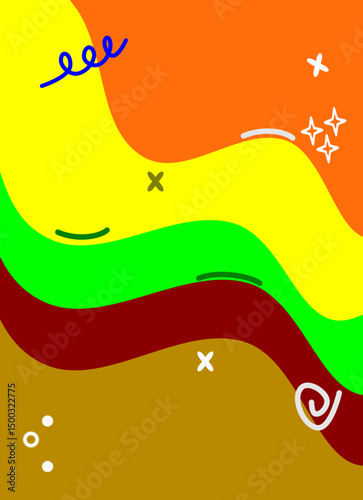 Abstract colorful wave vector illustration design with green, orange, yellow, and rainbow lines forming a summer backdrop pattern