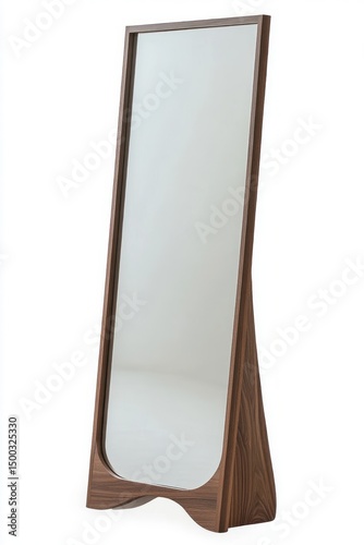 freestanding full-length mirror with a wooden frame and a modern curved base design reflecting a plain light background