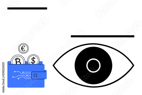 Blue wallet holding cryptocurrency coins Bitcoin, Euro, Dollar alongside an eye icon. Ideal for cryptocurrency, security, finance, digital banking, blockchain, data privacy simple landing page