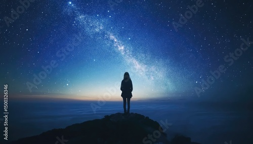 Silhouette of a woman on a mountaintop, gazing at a vibrant night sky filled with stars and the Milky Way