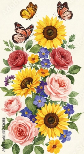 Detailed Cross Stitch Floral Illustration Featuring Sunflowers Roses and Butterflies