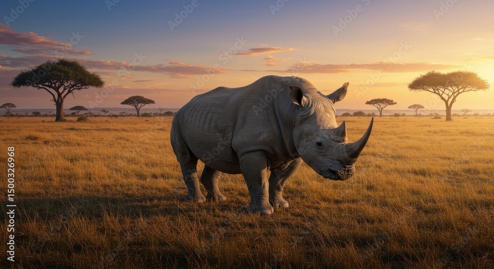 Fototapeta premium Digital Illustration Of A Rhinoceros At Sunset In An African Safari Landscape