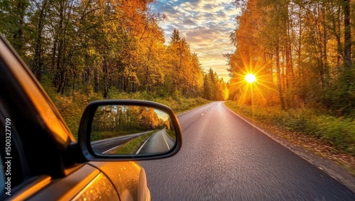 Wallpaper Mural Autumn road trip. Sunset view from car side mirror Torontodigital.ca