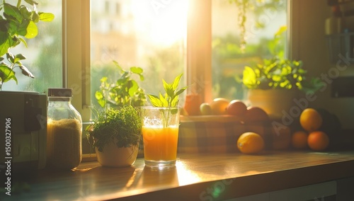 Sunlight streams into a kitchen, illuminating fresh juice and herbs on a windowsill (1)