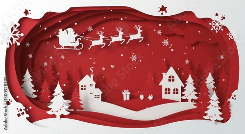 Illustration Of Christmas Scene With Santa Sleigh and Reindeer Over Red Winter Landscape