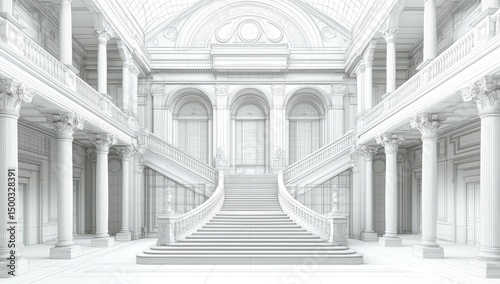 Grand white hall with sweeping staircase