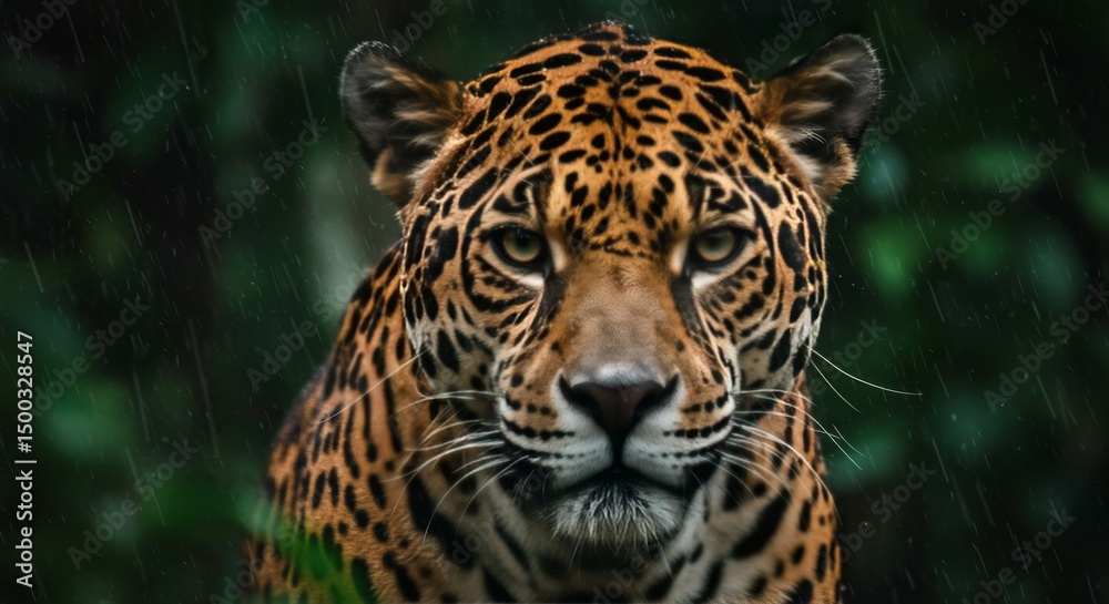 Obraz premium Jaguar Portrait In Rain With Golden Eyes And Blurred Green Background Photo