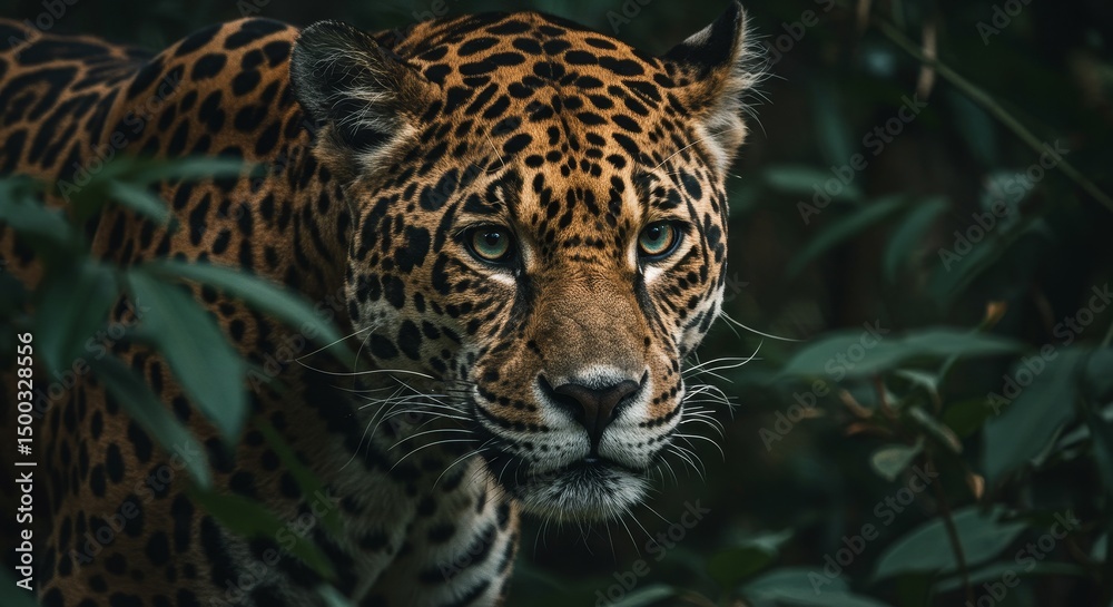 Fototapeta premium Jaguar Portrait Photo in Jungle Green Leaves with Spotty Fur and Green Eyes