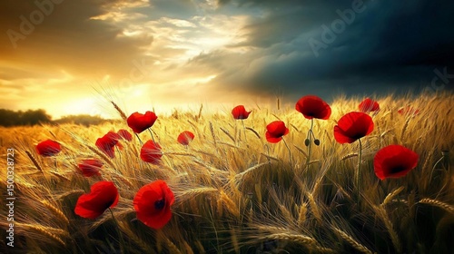 Poppies Papaver rhoeas swaying gently countryside wheat field under cloudy afternoon sky contrasting red petals against golden crops green grass natural rustic background high contrast and saturation