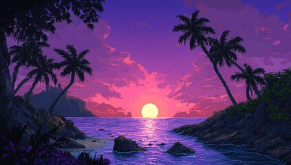 Papier peint photo Prune Pixel art sunset over a tropical cove  © X