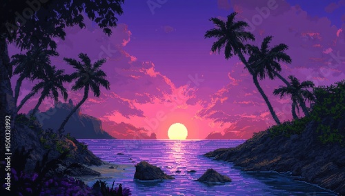 Wallpaper Mural Pixel art sunset over a tropical cove Torontodigital.ca