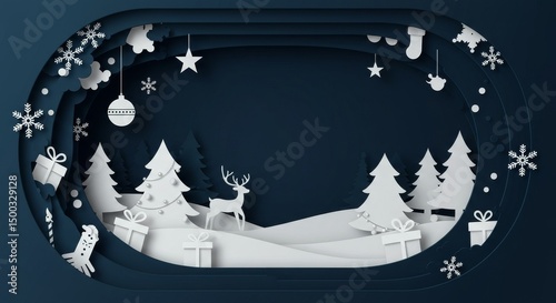 Paper Cut Christmas Illustration of White Deer in Winter Landscape