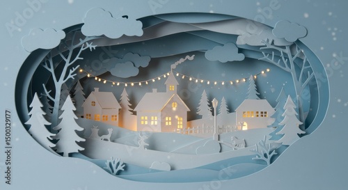 Paper Cut Christmas Village Illustration With Winter Snow And Lights