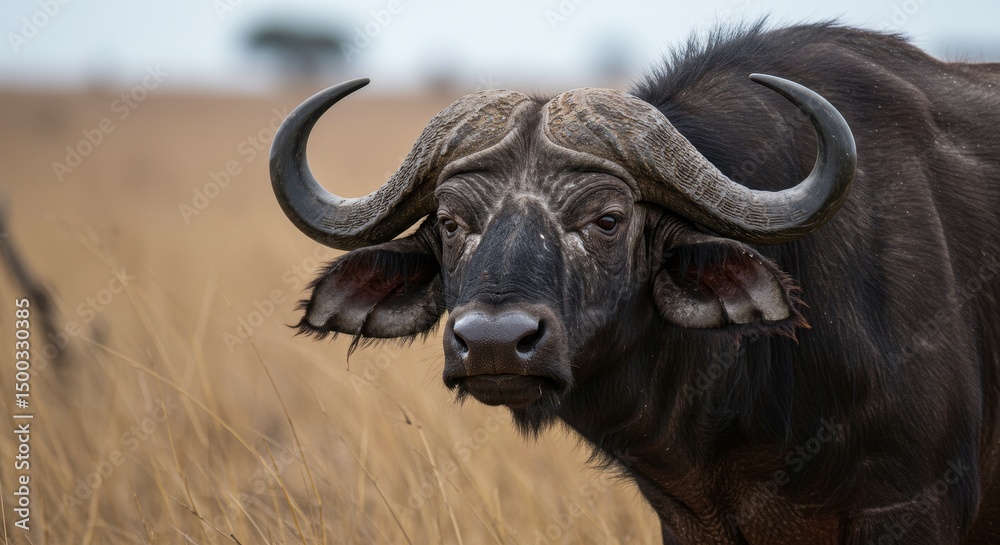Fototapeta premium Photo Of A Buffalo In A Grassy Field Under Natural Lighting And Environment