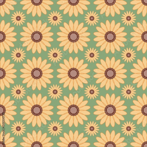 Cheerful sunflower motifs arranged in a seamless pastel-toned layout. A warm, inviting pattern perfect for spring-themed textiles, digital prints, or home decor.