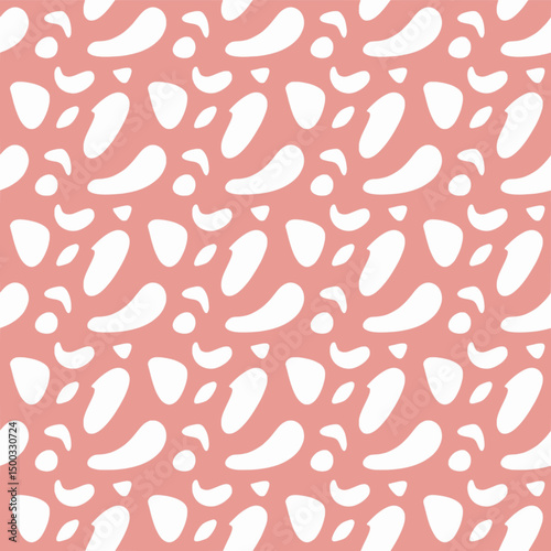 A whimsical seamless pattern of stylized pink bean shapes scattered over a white background. Ideal for cute merchandise, children-decor, and minimal abstract designs.