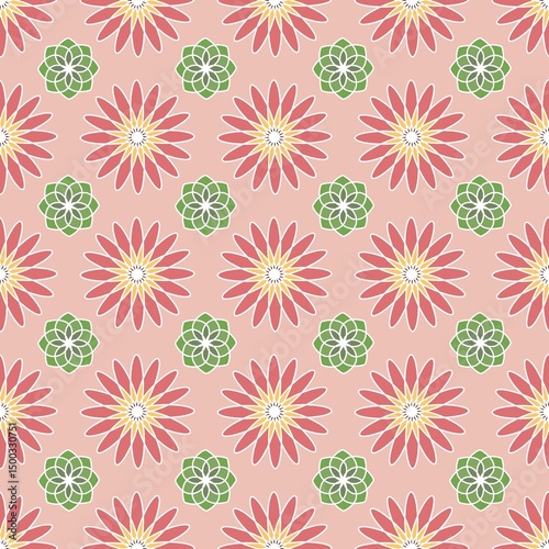 Bold pink daisy-style flowers arranged in a symmetric pattern over a mint green background. A cheerful and retro-inspired design perfect for spring themes and fashion textiles.