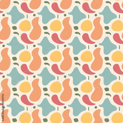 A charming seamless pattern of stylized pear fruits in vintage tones of orange, green, and teal. Ideal for kitchen textiles, food packaging, or rustic-themed designs.