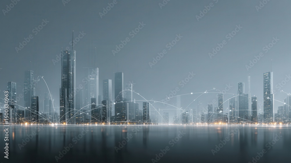 Obraz premium Smart Workflow Optimization Futuristic city skyline at dusk with reflective water and illuminated buildings.